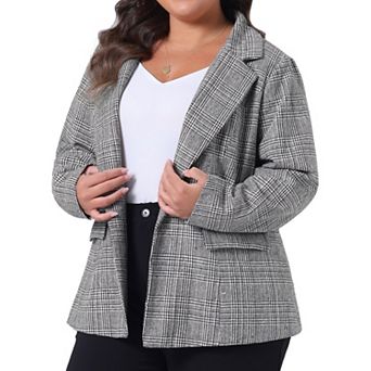 Plus Size Blazer Suit for Women Notch Lapel One Button Work Office Plaid Jacket