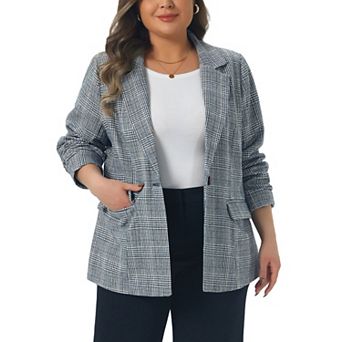 Plus Size Blazer Suit for Women Notch Lapel One Button Work Office Plaid Jacket