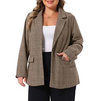 Plus Size Blazer Suit for Women Notch Lapel One Button Work Office Plaid Jacket