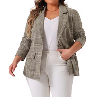 Plus Size Blazer Suit for Women Notch Lapel One Button Work Office Plaid Jacket