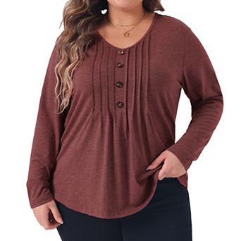 Women's Plus Size T-shirt Long Sleeve Pleated Front Dressy Casual V Neck Tops Blouses