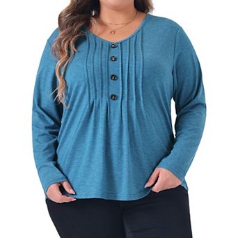 Women's Plus Size T-shirt Long Sleeve Pleated Front Dressy Casual V Neck Tops Blouses