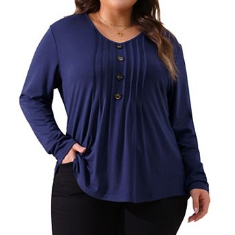 Women's Plus Size T-shirt Long Sleeve Pleated Front Dressy Casual V Neck Tops Blouses