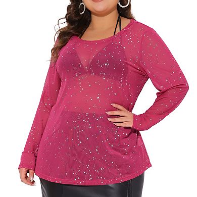 Plus Size Sheer Mesh Tops See-through Long Sleeve Crew Neck Tee Blouse Club Wear