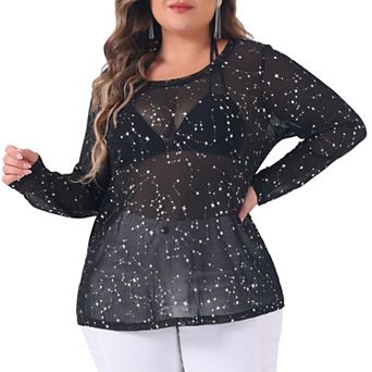Plus Size Sheer Mesh Tops See-through Long Sleeve Crew Neck Tee Blouse Club Wear