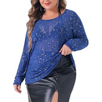 Plus Size Sheer Mesh Tops See-through Long Sleeve Crew Neck Tee Blouse Club Wear