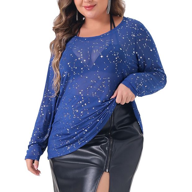 Plus Size Sheer Mesh Tops See-through Long Sleeve Crew Neck