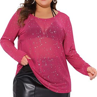 Plus Size Sheer Mesh Tops See-through Long Sleeve Crew Neck Tee Blouse Club Wear