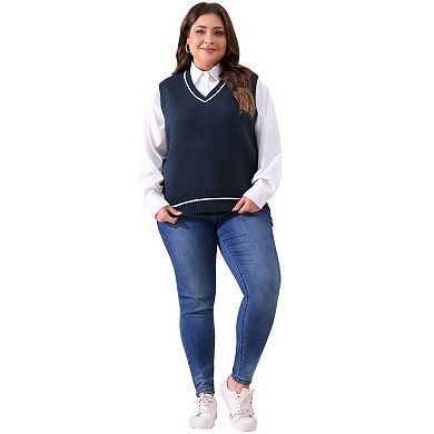 Plus Size Sweater Vest for Women Stripe Cable Knit Sleeveless Pullover Vest