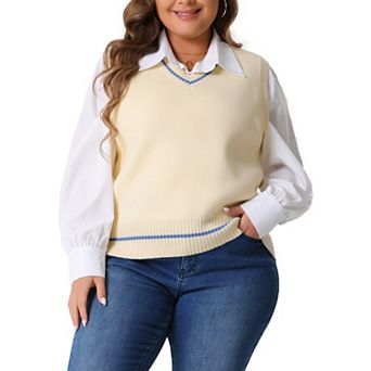 Plus Size Sweater Vest For Women Stripe Cable Knit Sleeveless Pullover Vest