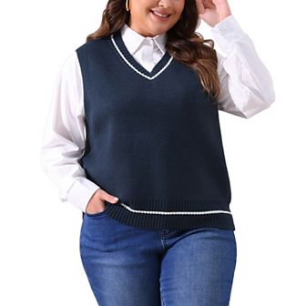 Plus Size Sweater Vest for Women Stripe Cable Knit Sleeveless Pullover Vest