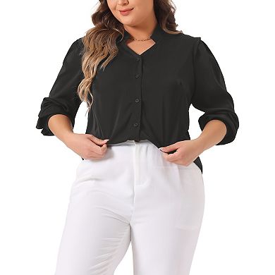 Women's Plus Size Chiffon Shirt Button Down V Neck Long Sleeve Formal Casual Blouse