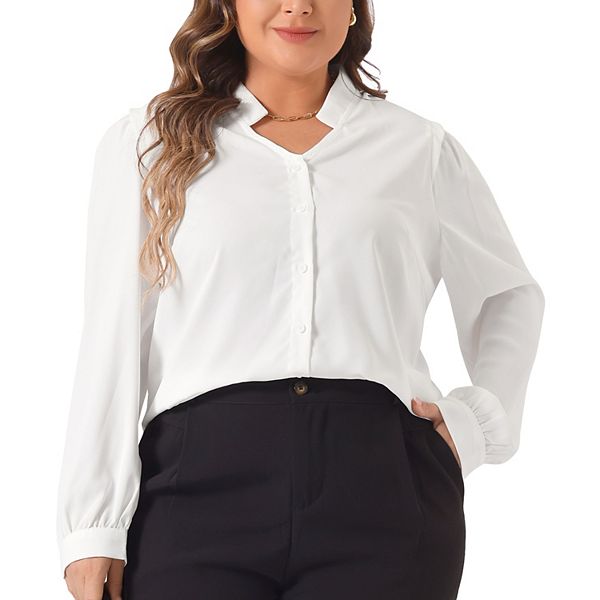 Plus Size Women Clothing Women Solid V-neck Fashion Chiffon Cuffed Long Sleeve Casual Blouse Shirt