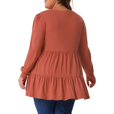 Women's Plus Size Tops V-Neck Long Sleeve Button Up Ruffle Hem T-Shirt Blouse