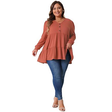 Women's Plus Size Tops V-Neck Long Sleeve Button Up Ruffle Hem T-Shirt Blouse