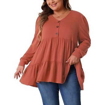 Women's Plus Size Tops V-Neck Long Sleeve Button Up Ruffle Hem T-Shirt Blouse