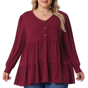 Women's Plus Size Tops V-Neck Long Sleeve Button Up Ruffle Hem T-Shirt Blouse