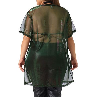 Women's Plus Size Sheer Mesh Tops Short Sleeve Crew Neck Long Blouse Party