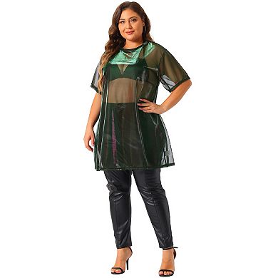 Women's Plus Size Sheer Mesh Tops Short Sleeve Crew Neck Long Blouse Party