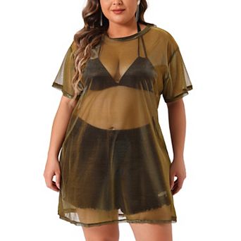 Women's Plus Size Sheer Mesh Tops Short Sleeve Crew Neck Long Blouse Party