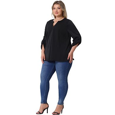 Women's Plus Size Chiffon Top V-Neck Long Sleeve Pleated Back Shirts Casual Blouse
