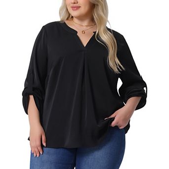 Women's Plus Size Chiffon Top V-neck Long Sleeve Pleated Back Shirts Casual Blouse