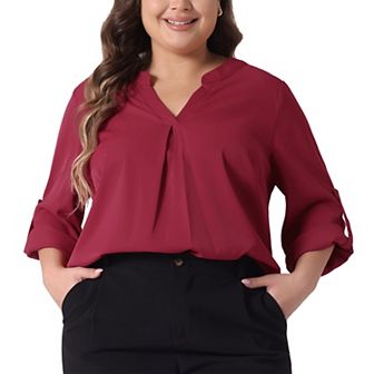 Women's Plus Size Chiffon Top V-Neck Long Sleeve Pleated Back Shirts Casual Blouse
