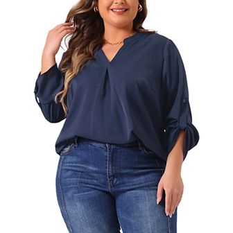 Women's Plus Size Chiffon Top V-Neck Long Sleeve Pleated Back Shirts Casual Blouse