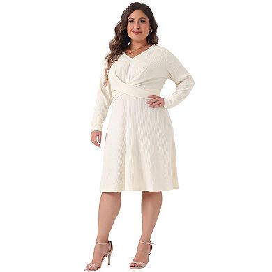 Women's Plus Size Midi Dresses Long Sleeve Elegant Knitted Criss Cross V Neck Sweater