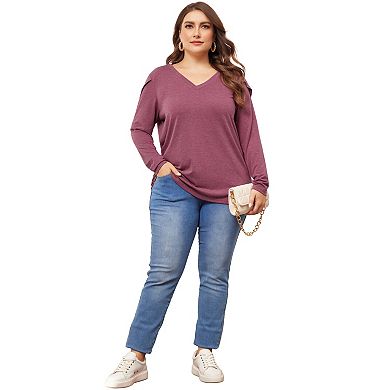 Plus Size Tops For Women V Neck Tulip Long Sleeve T-shirt Casual Blouses