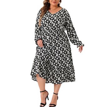 Plus Size Bohemian Floral Print V Neck Long Sleeve Ruffle Hem Long Dress