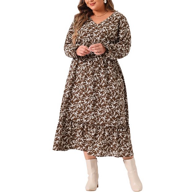 Agnes Orinda Women's Plus Size Bohe Floral Print V Neck Long Sleeve Ruffle Hem A Line Midi Dresses Brown 4X