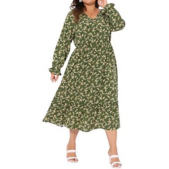 Plus Size Bohemian Floral Print V Neck Long Sleeve Ruffle Hem Long Dress
