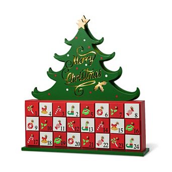 Glitzhome Wooden Christmas Tree with LED lighting, Christmas Countdown with 24 Drawers, 15.25"H