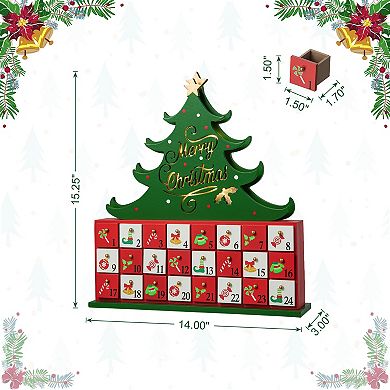 Glitzhome Wooden Christmas Tree with LED lighting, Christmas Countdown with 24 Drawers, 15.25"H