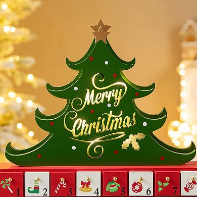 Glitzhome Wooden Christmas Tree with LED lighting, Christmas Countdown with 24 Drawers, 15.25"H