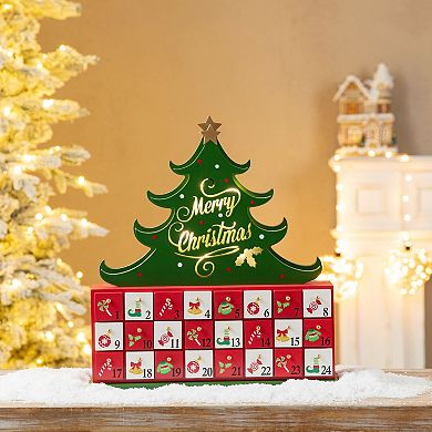 Glitzhome Wooden Christmas Tree with LED lighting, Christmas Countdown with 24 Drawers, 15.25"H