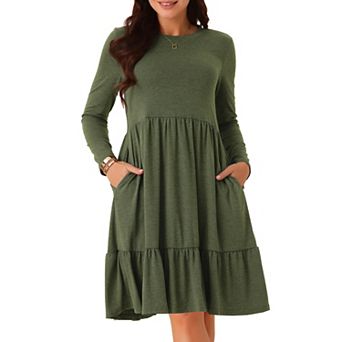 Women's Casual Babydoll Dress With Pockets Long Sleeve Round Neck Tiered A-line Flowy Dress