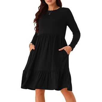 Women's Casual Babydoll Dress With Pockets Long Sleeve Round Neck Tiered A-line Flowy Dress