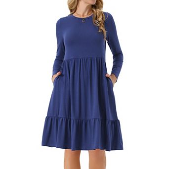 Women's Casual Babydoll Dress with Pockets Long Sleeve Round Neck Tiered A-Line Flowy Dress