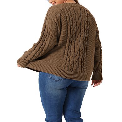 Plus Size Sweater For Women Long Sleeve Crew Neck Fisherman Cable Pullover Sweaters