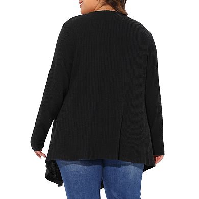 Women's Plus Size Knit Cardigan Open Front Irregular Hem Long Sleeve with Pockets