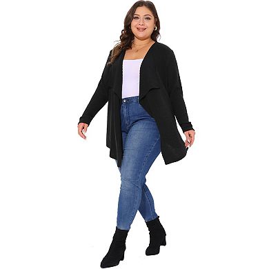 Women's Plus Size Knit Cardigan Open Front Irregular Hem Long Sleeve with Pockets