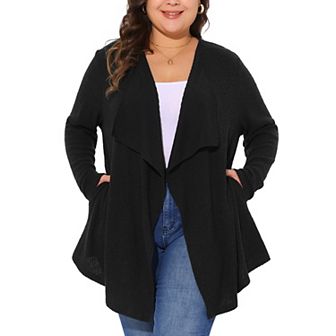 Women's Plus Size Knit Cardigan Open Front Irregular Hem Long Sleeve with Pockets