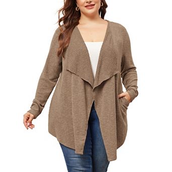 Women's Plus Size Knit Cardigan Open Front Irregular Hem Long Sleeve with Pockets