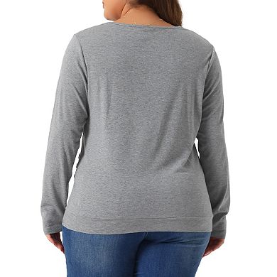 Plus Size Long Sleeve Blouse for Women V Neck Knitted Buttons Decor Ruched Tops