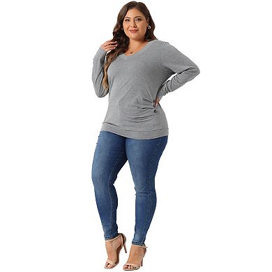 Plus Size Long Sleeve Blouse for Women V Neck Knitted Buttons Decor Ruched Tops