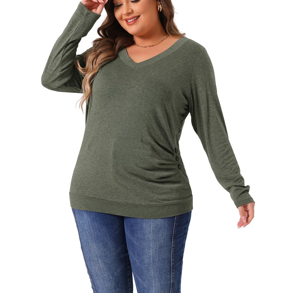 Plus Size Long Sleeve Blouse for Women V Neck Knitted Buttons Decor ...