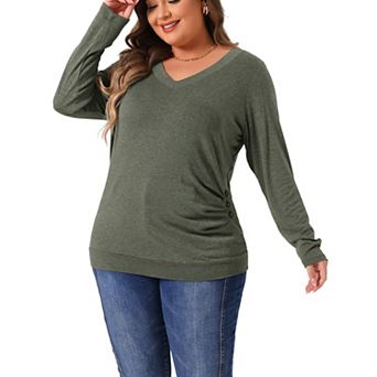 Plus Size Long Sleeve Blouse for Women V Neck Knitted Buttons Decor Ruched Tops