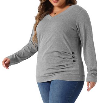 Plus Size Long Sleeve Blouse for Women V Neck Knitted Buttons Decor Ruched Tops